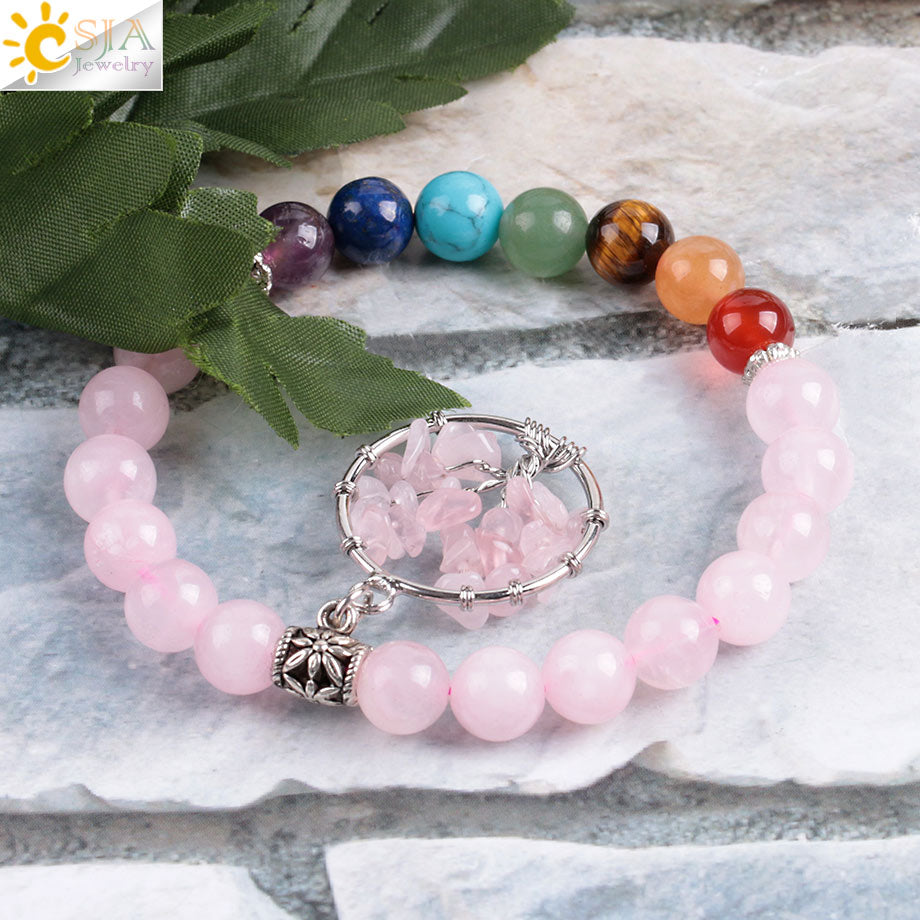 Tree of Life Pink Quartz Crystal Beaded Bracelet