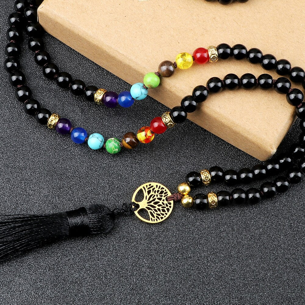 Black Onyx 7 Chakra Necklace with Tree of Life Pendant