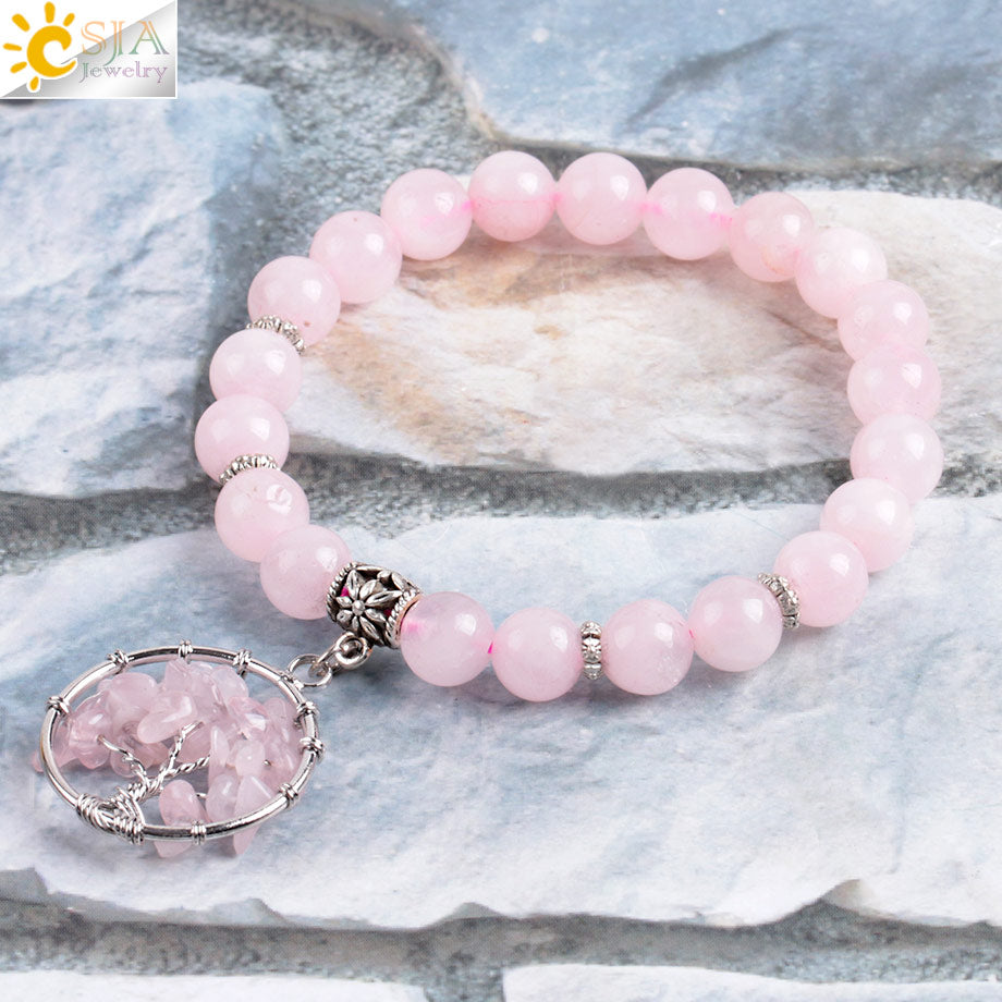 Tree of Life Pink Quartz Crystal Beaded Bracelet