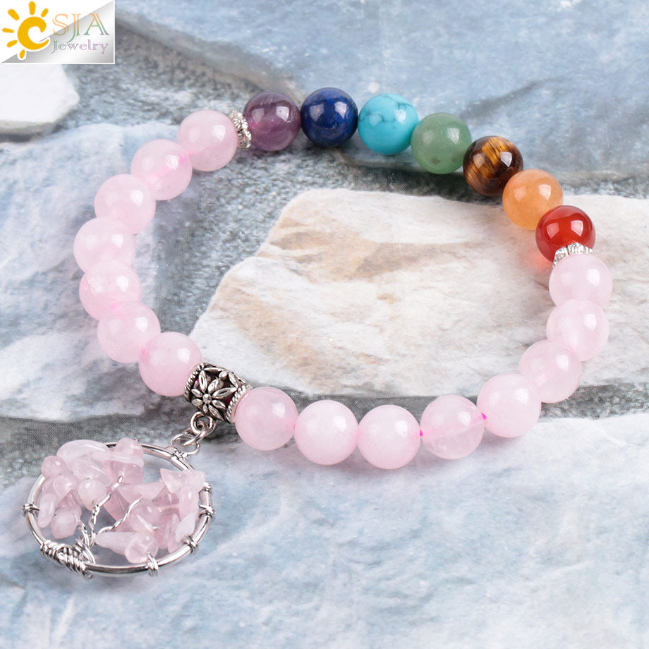 Tree of Life Pink Quartz Crystal Beaded Bracelet