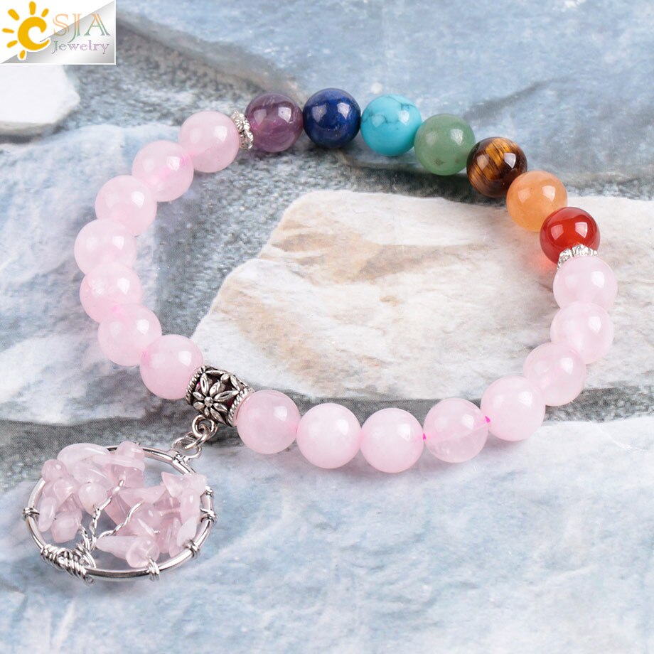 Tree of Life Pink Quartz Crystal Beaded Bracelet